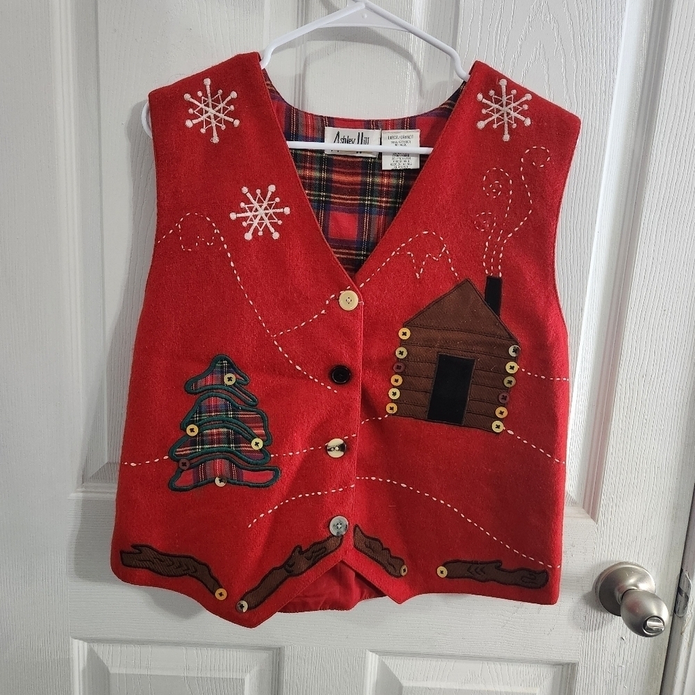 Vintage christmas vest wool holiday party lagenlook buttons embroidered women LG
